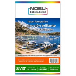 Papel foto glossy 8 x 13" 203 x 330 mm. 180 gr. 20 hojas Nobucolor